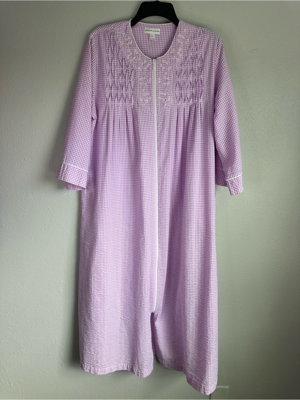 Gingham Seersucker Zip Front Long Robe Embroidered Smocked Housecoat Lavender